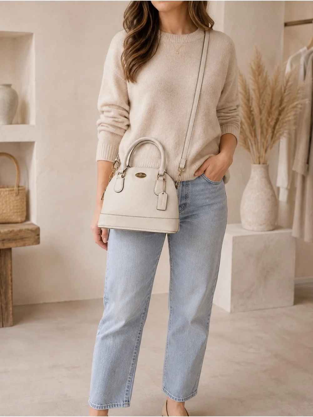Coach Mini Cora F34090 Chalk Leather Satchel Crossbody Bag